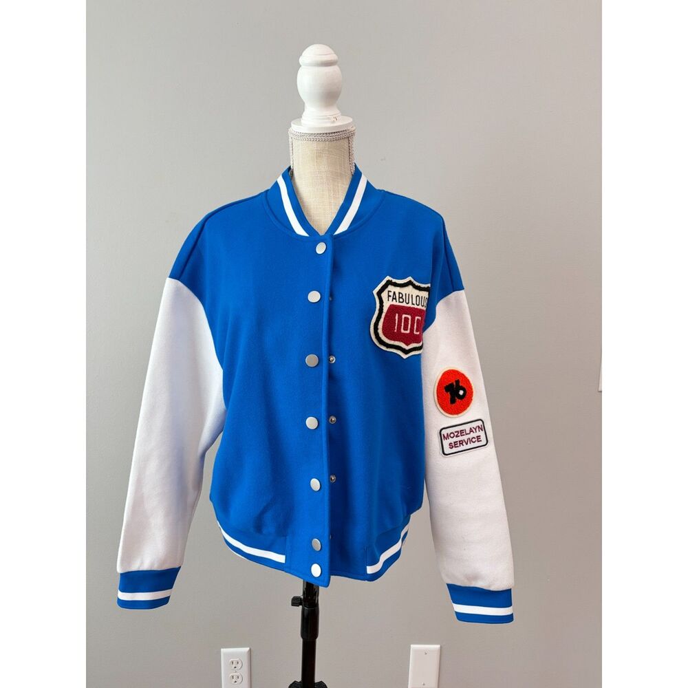 Women's Varsity Letterman Jacket Royal Blue Colorblock Patch Collegiate Sz Large